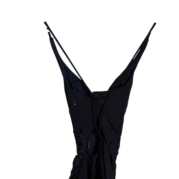 La Femme Navy Ruched Jersey V-Neck Slit Formal Gown Dress Tie Up Back Size 0 - Picture 6 of 9